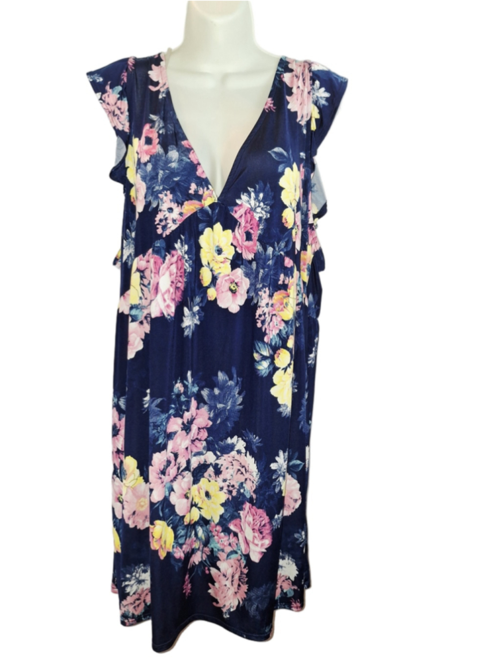 EMERALD Floral V-Neck Dress 3X Blue Pink stretchy party cocktail wedding church